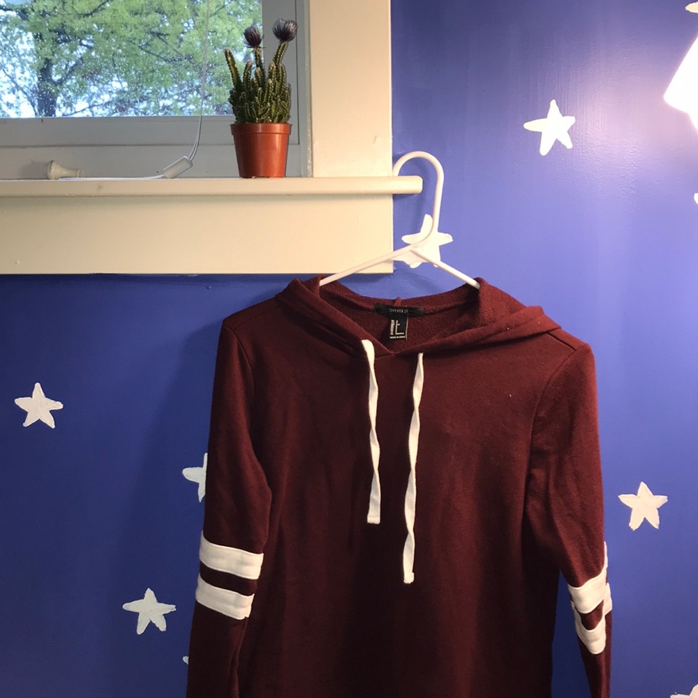 Maroon Hoodie With Two White Striped Sleeves